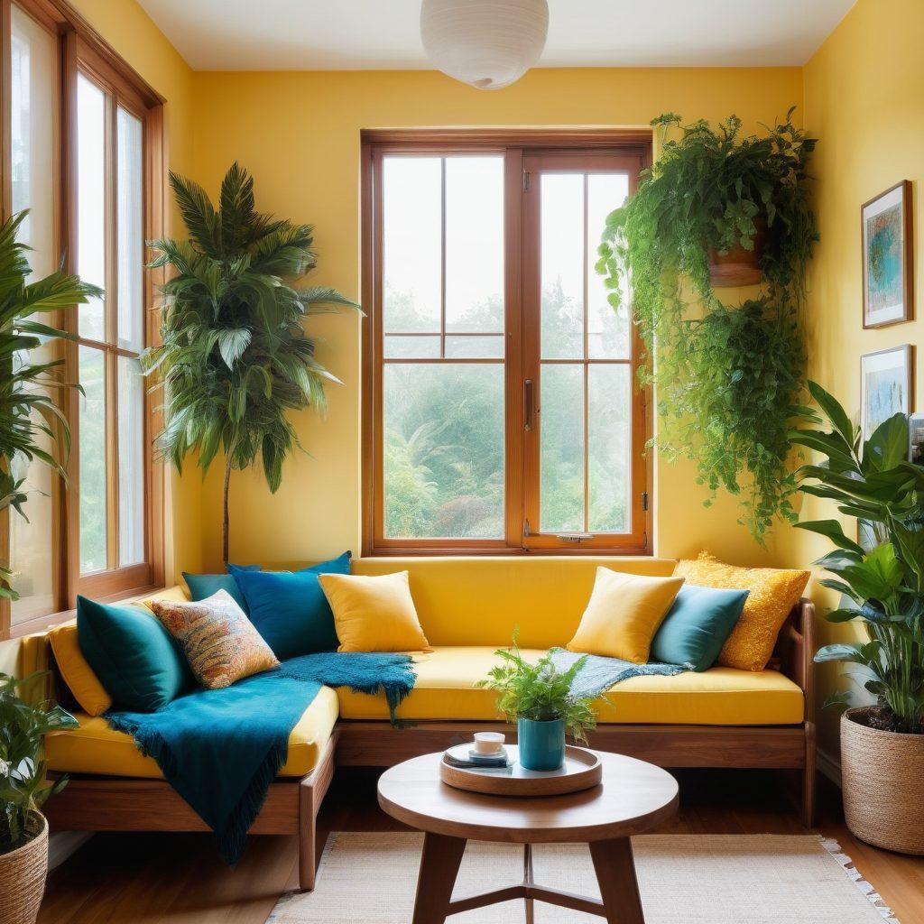 A cozy living room filled with natural light, featuring lush plants, colorful cushions, and warm wooden accents. A cheerful color palette of soft yellows, greens, and blues creates an inviting atmosphere, with sunlight filtering through large windows. Include art pieces that inspire positivity and harmony, along with a small nook for relaxation. super-realistic. vibrant colors. bright background.