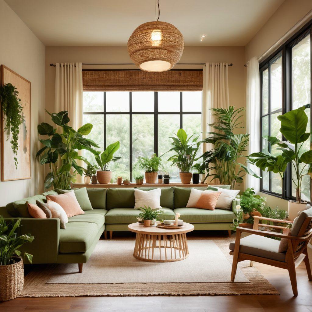 A cozy living room bathed in warm, sustainable lighting showcasing eco-friendly lamps and energy-efficient bulbs. Incorporate plants and natural materials to highlight sustainability, with a family enjoying the ambiance. Include elements of joy, like laughter and smiles on their faces, creating a welcoming atmosphere. Soft, calming color palette enhances the tranquility. super-realistic. vibrant colors. natural lighting.