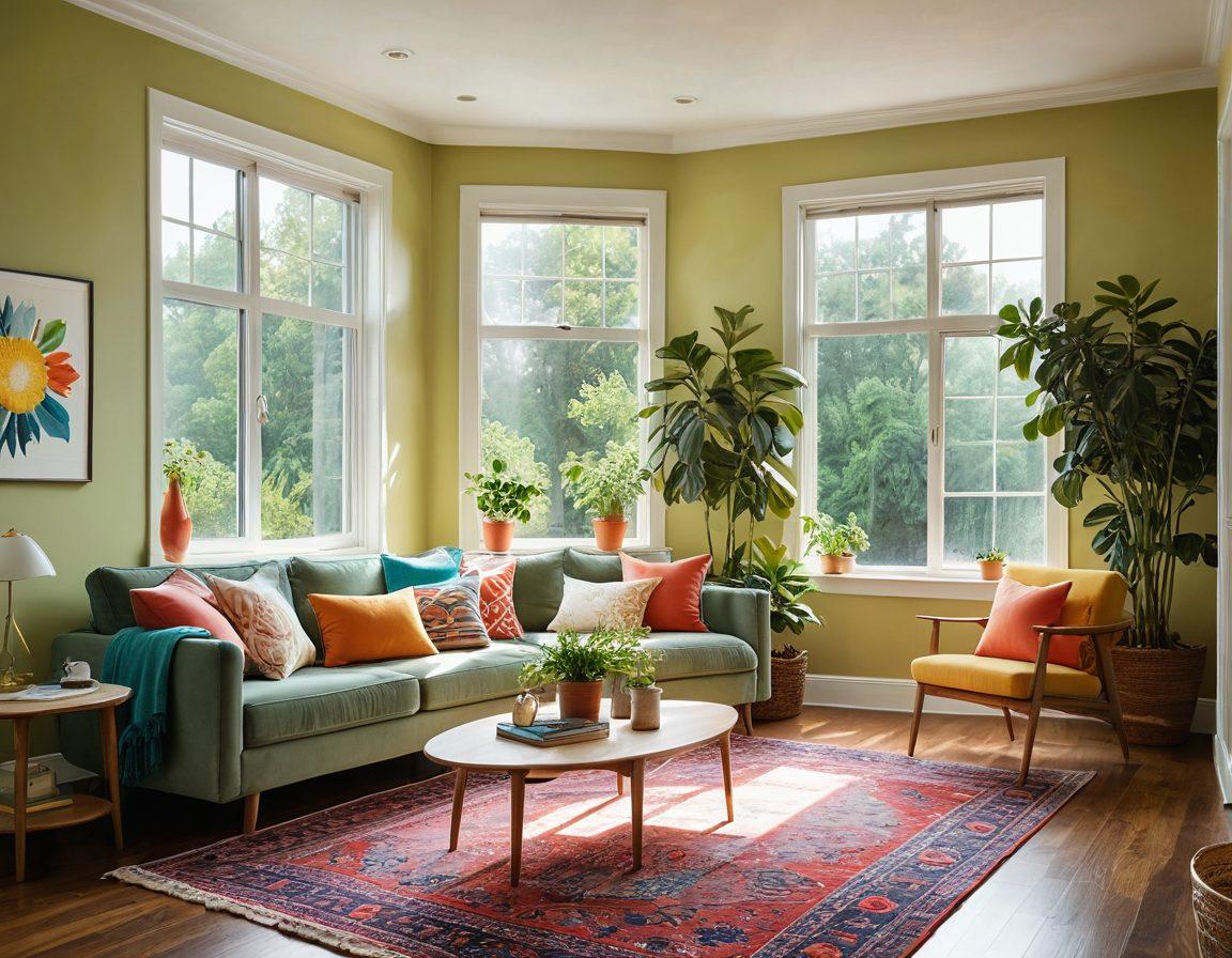 A cozy living room filled with cheerful decor elements, like colorful cushions, vibrant wall art, and sustainable lighting fixtures that emit warm, inviting light. A sunbeam highlights a plant in the corner, symbolizing nature’s touch. The floor is adorned with a handmade rug and there's a window showcasing a sunny day outside. The scene radiates joy and comfort. super-realistic. vibrant colors. soft lighting.